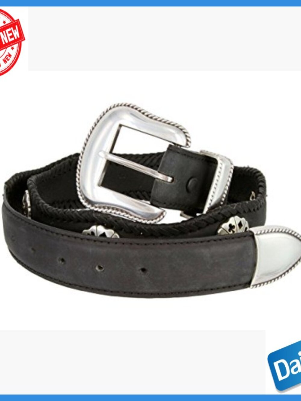 Men's Leather Cowboy Belt with Card Suit Concho Buckle Set - Picture 2 of 6